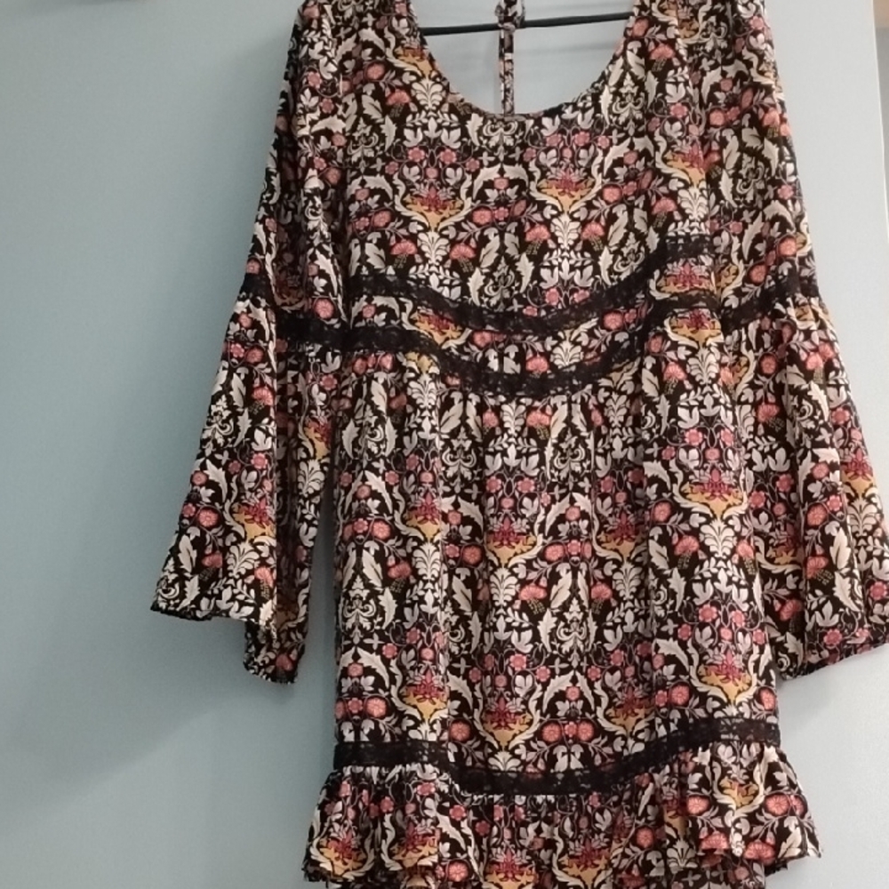 🌹 Band of Gypsies Black and Pink Floral Long Sleeve Midi Dress Size Large - Picture 3 of 6